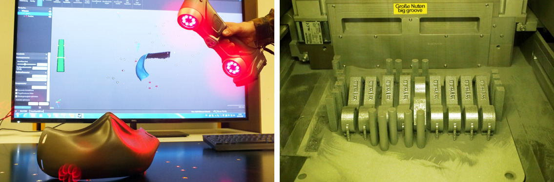 Abbildung eines 3D-Scans und einer SLM-Anlage